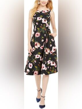Adrianna Papell Black Floral Fit and Flare Sleeveless Jewl Neck Midi Dress 12